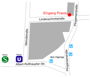 Lageplan mit der Haltestelle Harras (U6, S7/S27) und dem Praxiseingang in der Plinganserstraße