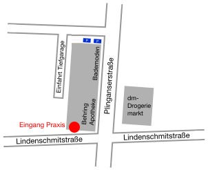 Parkplan: Parkplätze hinter dem Bademoden-Laden und Tiefgarageneinfahrt in der Plinganserstraße nahe dem Praxiseingang